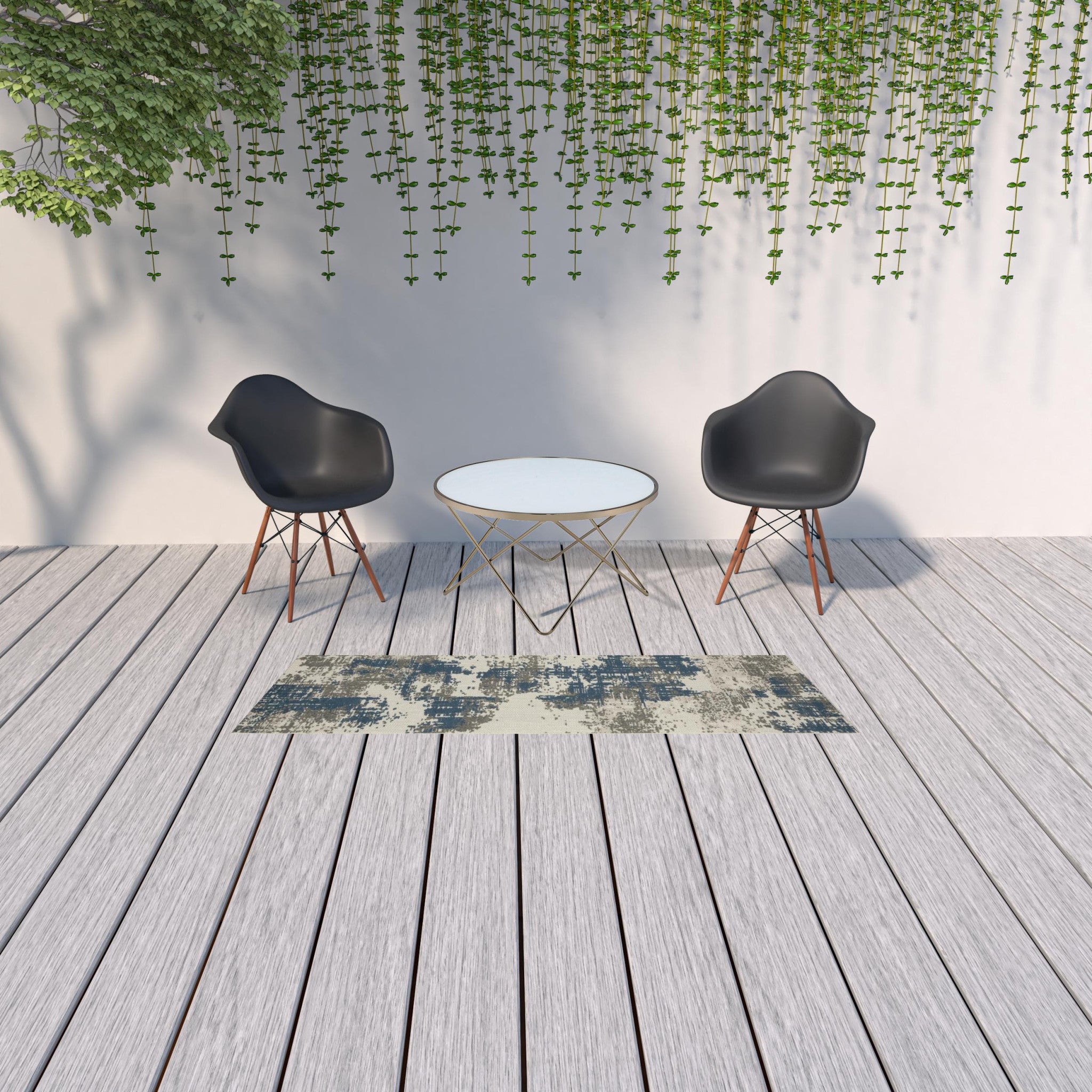 2' X 7' Beige Abstract Stain Resistant Indoor Outdoor Area Rug