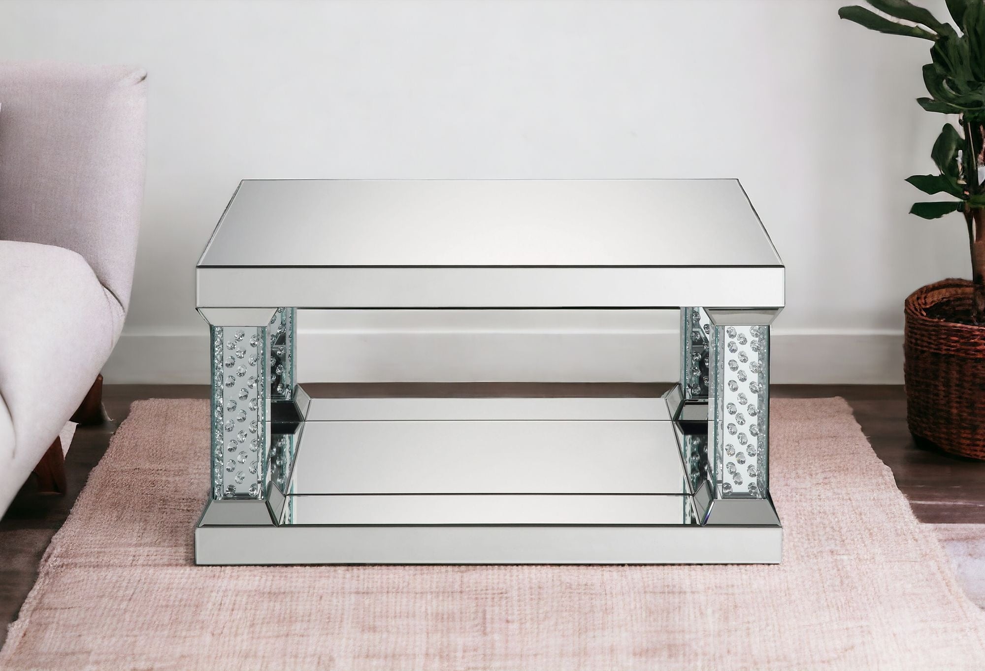 Mesa de centro rectangular de 36" con espejo y imitación de cristal con estante