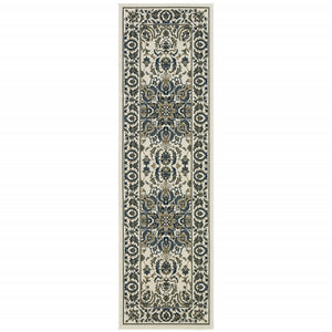 2' X 8' Ivory Oriental Stain Resistant Indoor Outdoor Area Rug