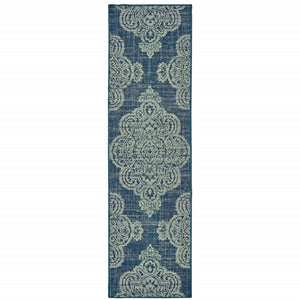 2' X 8' Navy Oriental Stain Resistant Indoor Outdoor Area Rug