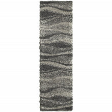 2' X 8' Charcoal Silver And Grey Abstract Shag Power Loom Stain Resistant Runner Rug