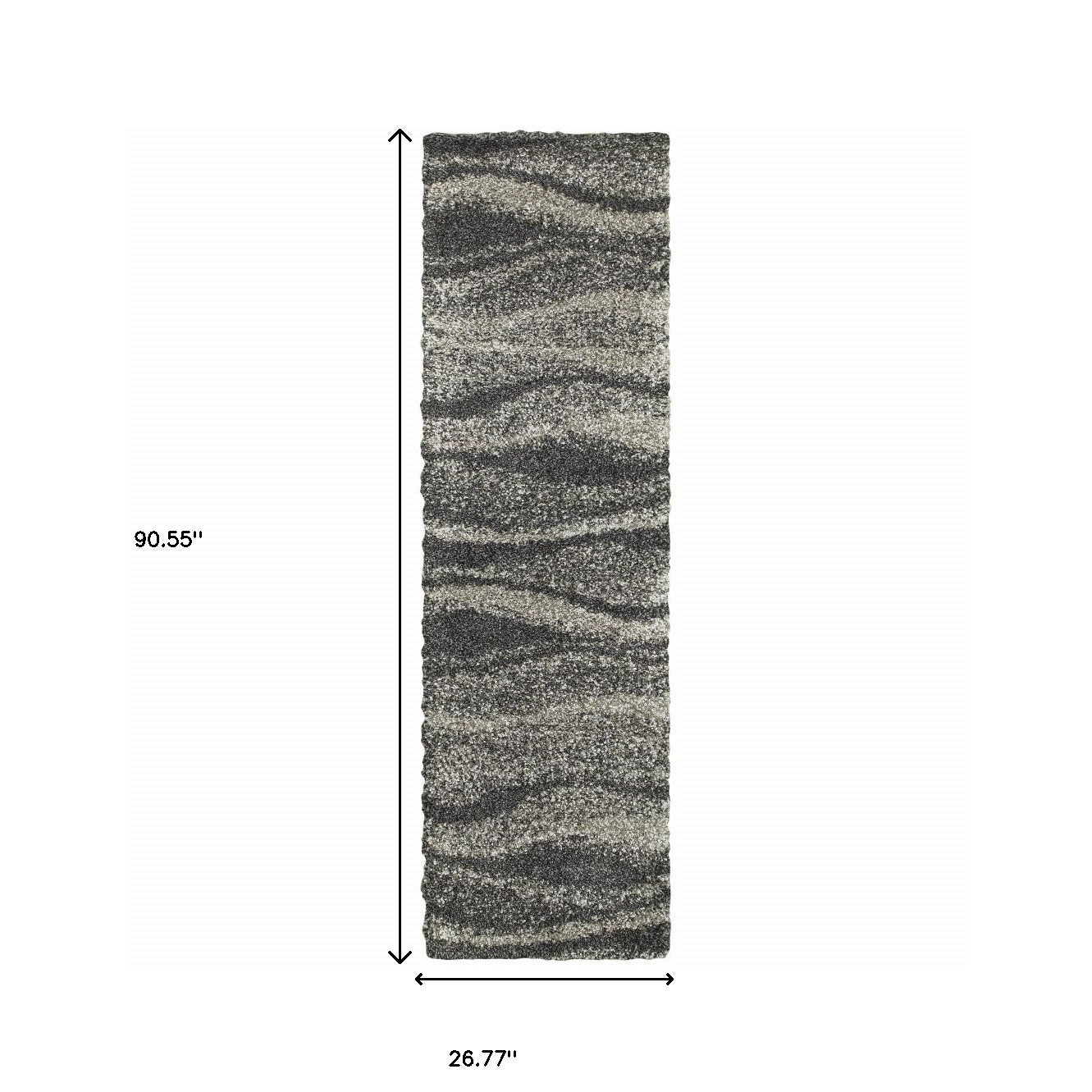 2' X 8' Charcoal Silver And Grey Abstract Shag Power Loom Stain Resistant Runner Rug