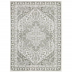 5' X 8' Grey And White Oriental Power Loom Stain Resistant Area Rug