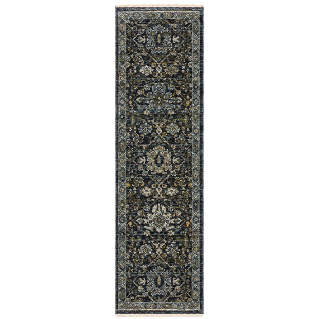 2' X 8' Blue Ivory Grey Gold Green And Brown Oriental Power Loom Stain Resistant Runner Rug With Fringe