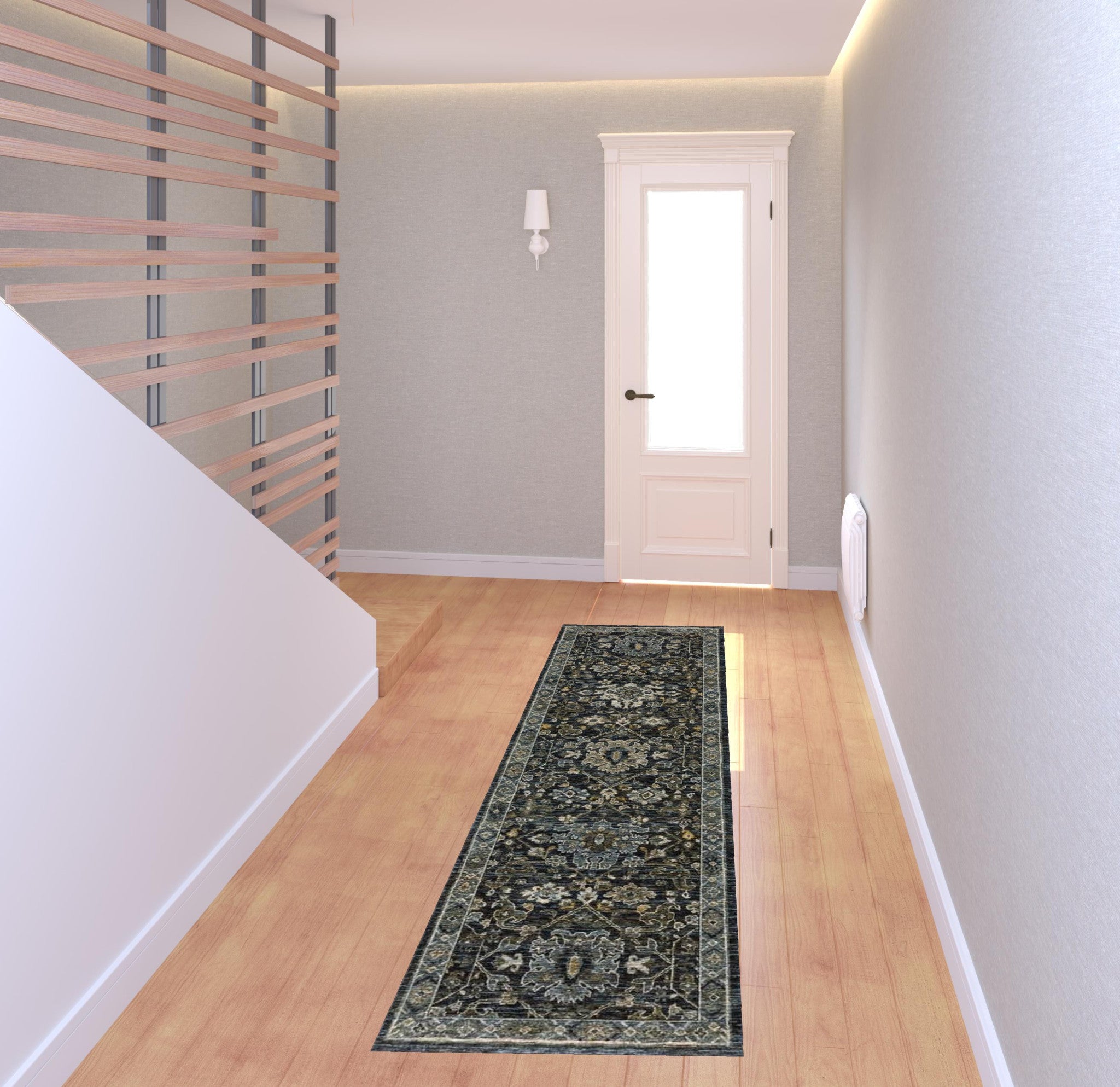 2' X 8' Blue Ivory Grey Gold Green And Brown Oriental Power Loom Stain Resistant Runner Rug With Fringe