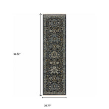 2' X 8' Blue Ivory Grey Gold Green And Brown Oriental Power Loom Stain Resistant Runner Rug With Fringe