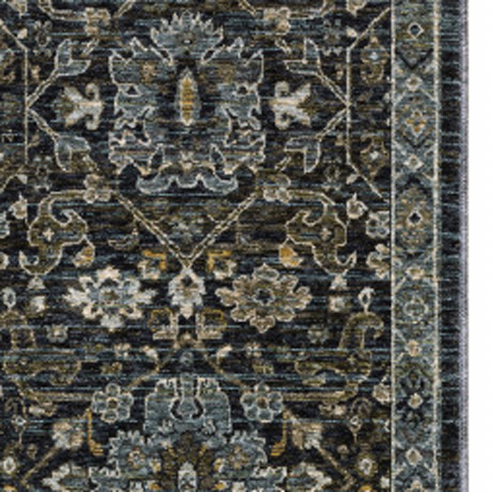 2' X 8' Blue Ivory Grey Gold Green And Brown Oriental Power Loom Stain Resistant Runner Rug With Fringe