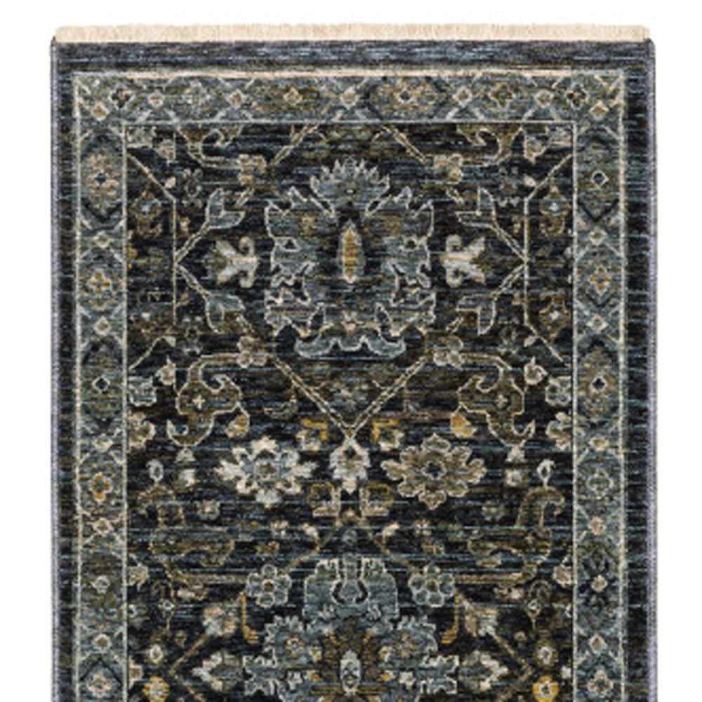 2' X 8' Blue Ivory Grey Gold Green And Brown Oriental Power Loom Stain Resistant Runner Rug With Fringe