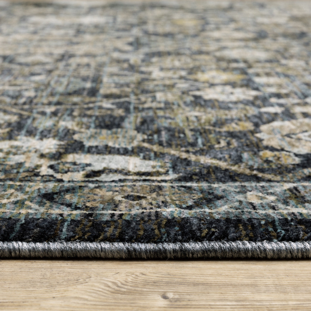 2' X 8' Blue Ivory Grey Gold Green And Brown Oriental Power Loom Stain Resistant Runner Rug With Fringe