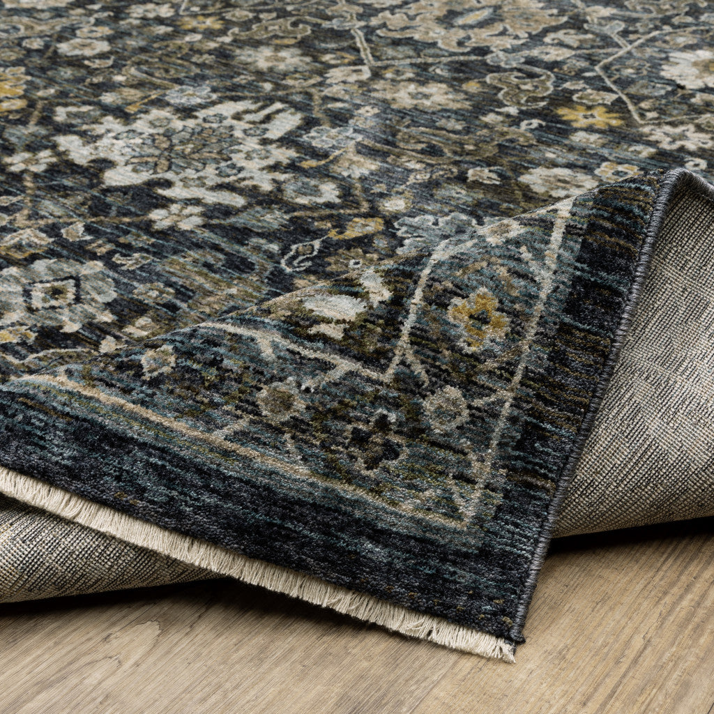 2' X 8' Blue Ivory Grey Gold Green And Brown Oriental Power Loom Stain Resistant Runner Rug With Fringe