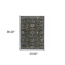 2' X 3' Blue Ivory Grey Gold Green And Brown Oriental Power Loom Stain Resistant Area Rug With Fringe