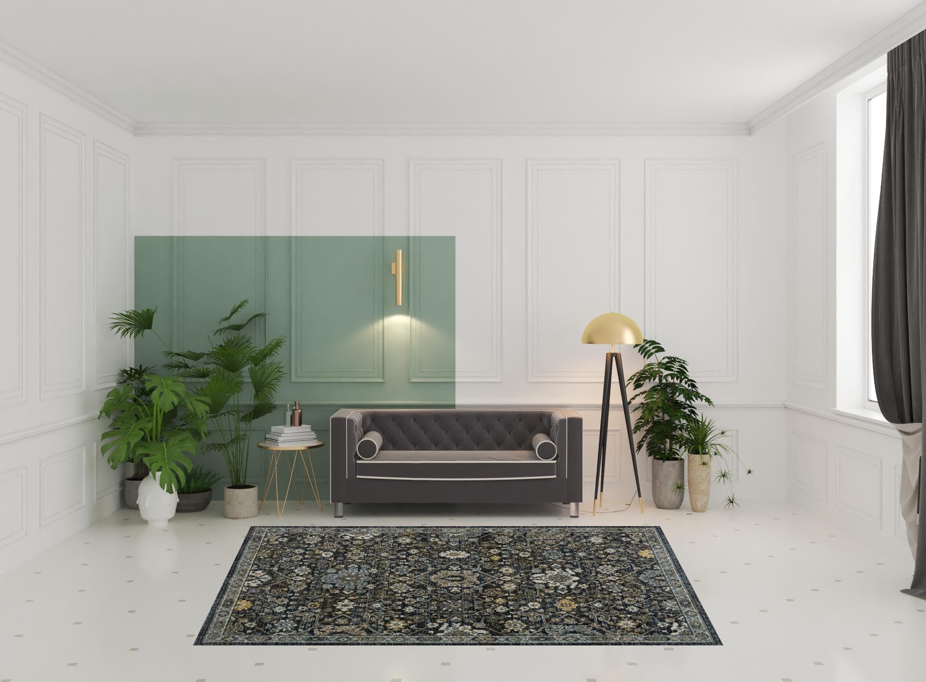 6' X 9' Blue Ivory Grey Gold Green And Brown Oriental Power Loom Stain Resistant Area Rug With Fringe