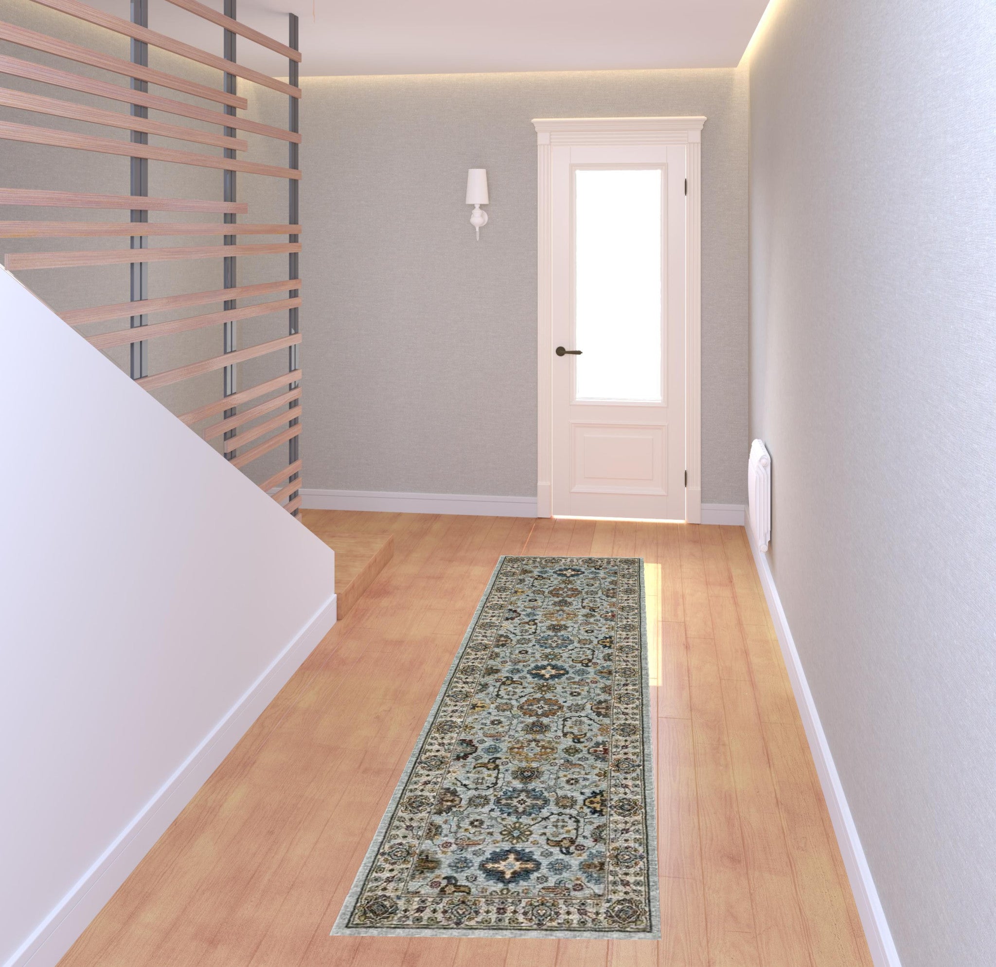 2' X 8' Blue Beige Grey Green Yellow And Rust Oriental Power Loom Stain Resistant Runner Rug With Fringe