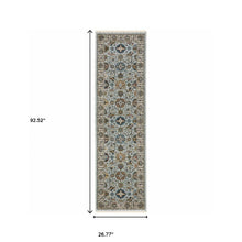 2' X 8' Blue Beige Grey Green Yellow And Rust Oriental Power Loom Stain Resistant Runner Rug With Fringe