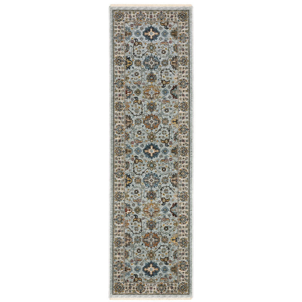 2' X 8' Blue Beige Grey Green Yellow And Rust Oriental Power Loom Stain Resistant Runner Rug With Fringe