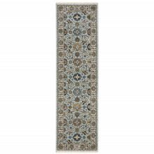 2' X 8' Blue Beige Grey Green Yellow And Rust Oriental Power Loom Stain Resistant Runner Rug With Fringe