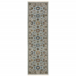 2' X 8' Blue Beige Grey Green Yellow And Rust Oriental Power Loom Stain Resistant Runner Rug With Fringe