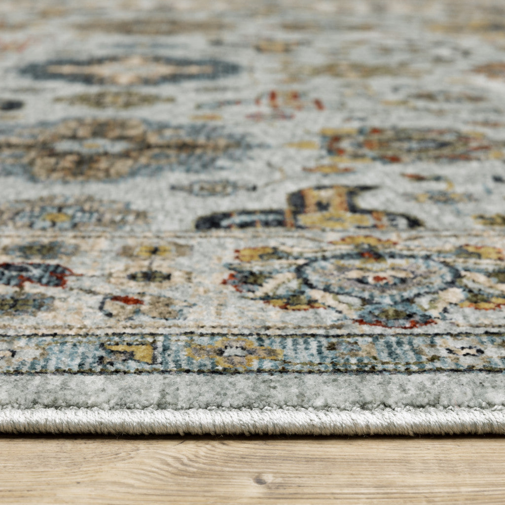 2' X 8' Blue Beige Grey Green Yellow And Rust Oriental Power Loom Stain Resistant Runner Rug With Fringe