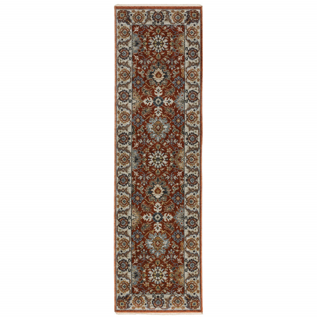 2' X 8' Red Blue Ivory Gold And Navy Oriental Power Loom Stain Resistant Runner Rug With Fringe