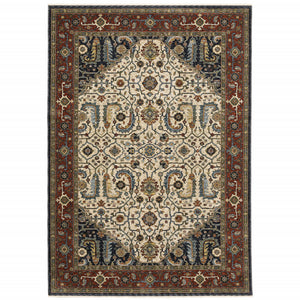 2' X 3' Ivory Beige Red Blue Gold Green And Navy Oriental Power Loom Stain Resistant Area Rug With Fringe