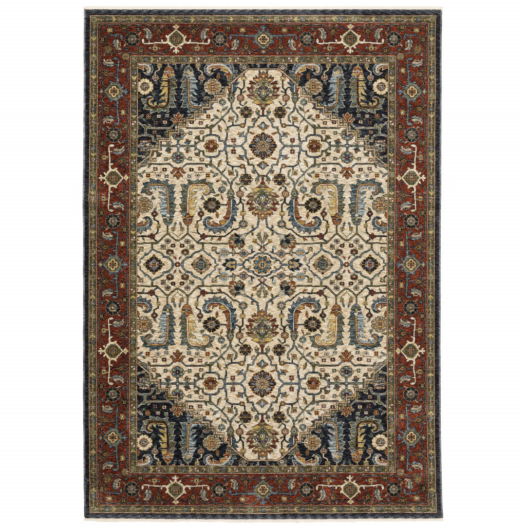 Ivory Beige Red Blue Gold Green And Navy Oriental Power Loom Stain Resistant Area Rug With Fringe - 6' x 9'