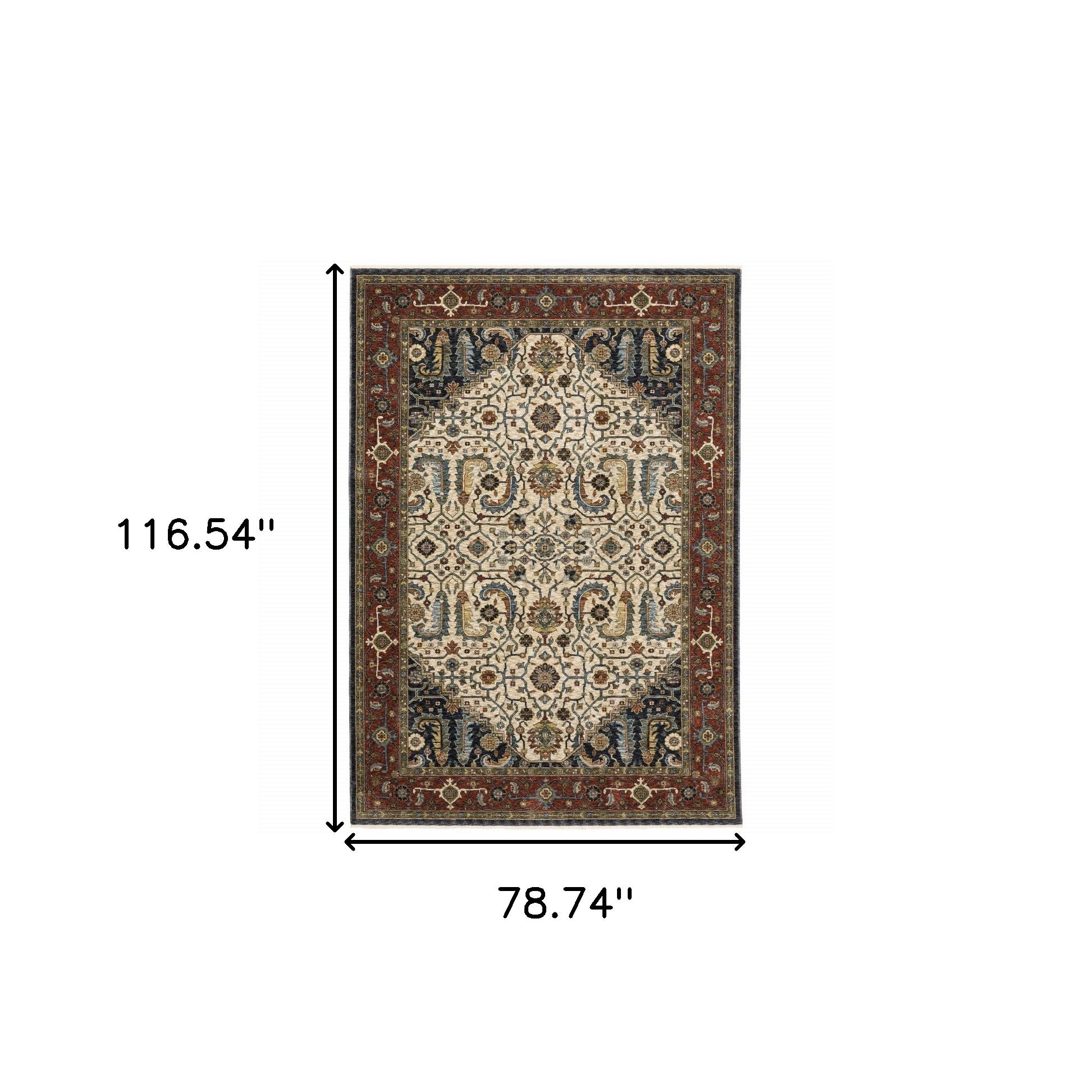 Ivory Beige Red Blue Gold Green And Navy Oriental Power Loom Stain Resistant Area Rug With Fringe - 6' x 9'