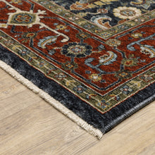 Ivory Beige Red Blue Gold Green And Navy Oriental Power Loom Stain Resistant Area Rug With Fringe - 6' x 9'