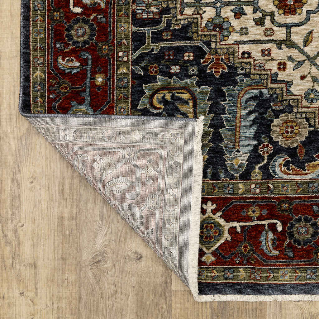 Ivory Beige Red Blue Gold Green And Navy Oriental Power Loom Stain Resistant Area Rug With Fringe - 8' x 11'