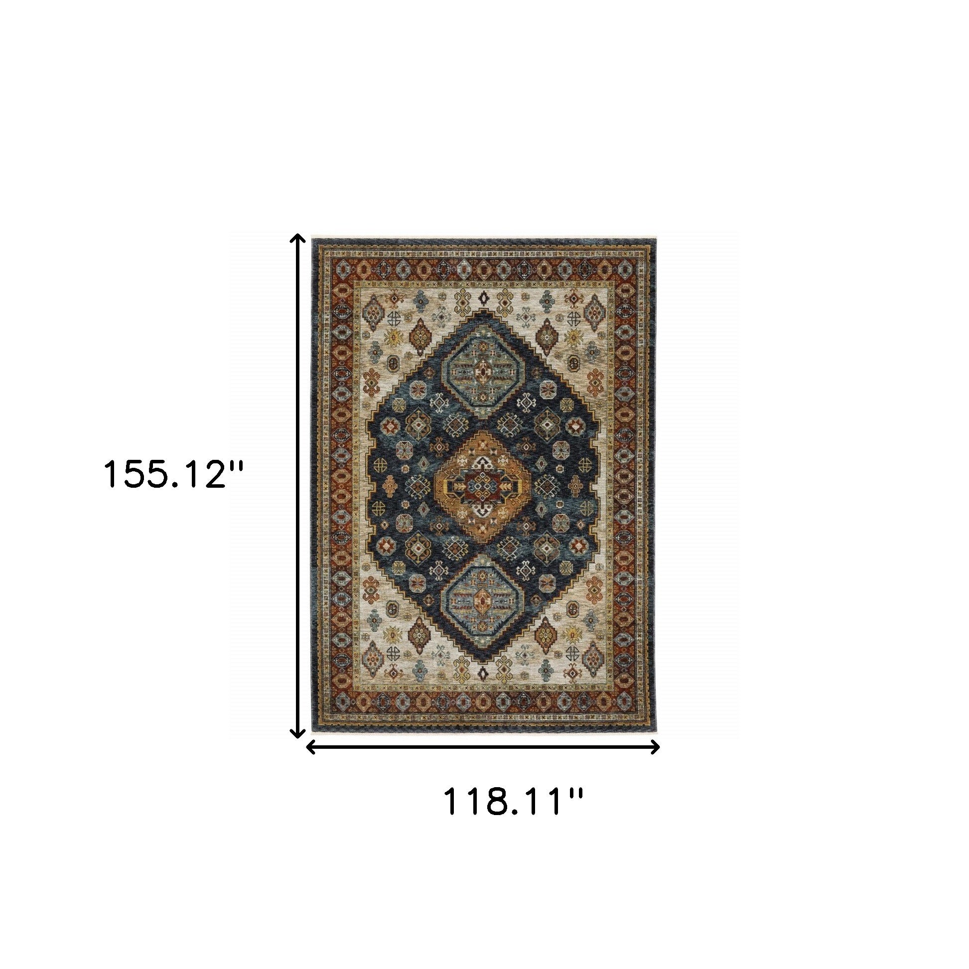 10' X 13' Blue Red Beige Orange Gold And Tan Oriental Power Loom Stain Resistant Area Rug With Fringe