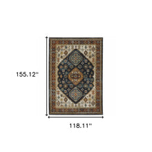10' X 13' Blue Red Beige Orange Gold And Tan Oriental Power Loom Stain Resistant Area Rug With Fringe
