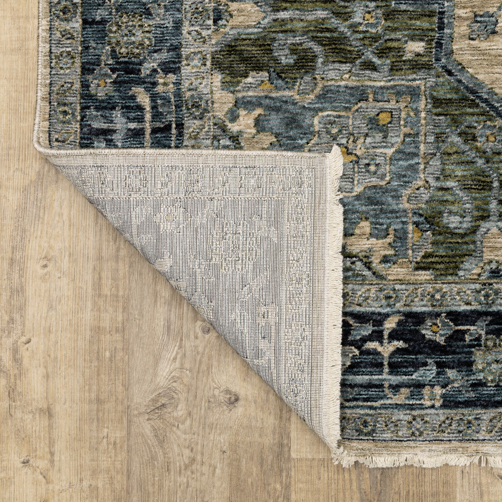 3' X 5' Blue Grey Beige Tan Green And Gold Oriental Power Loom Stain Resistant Area Rug With Fringe