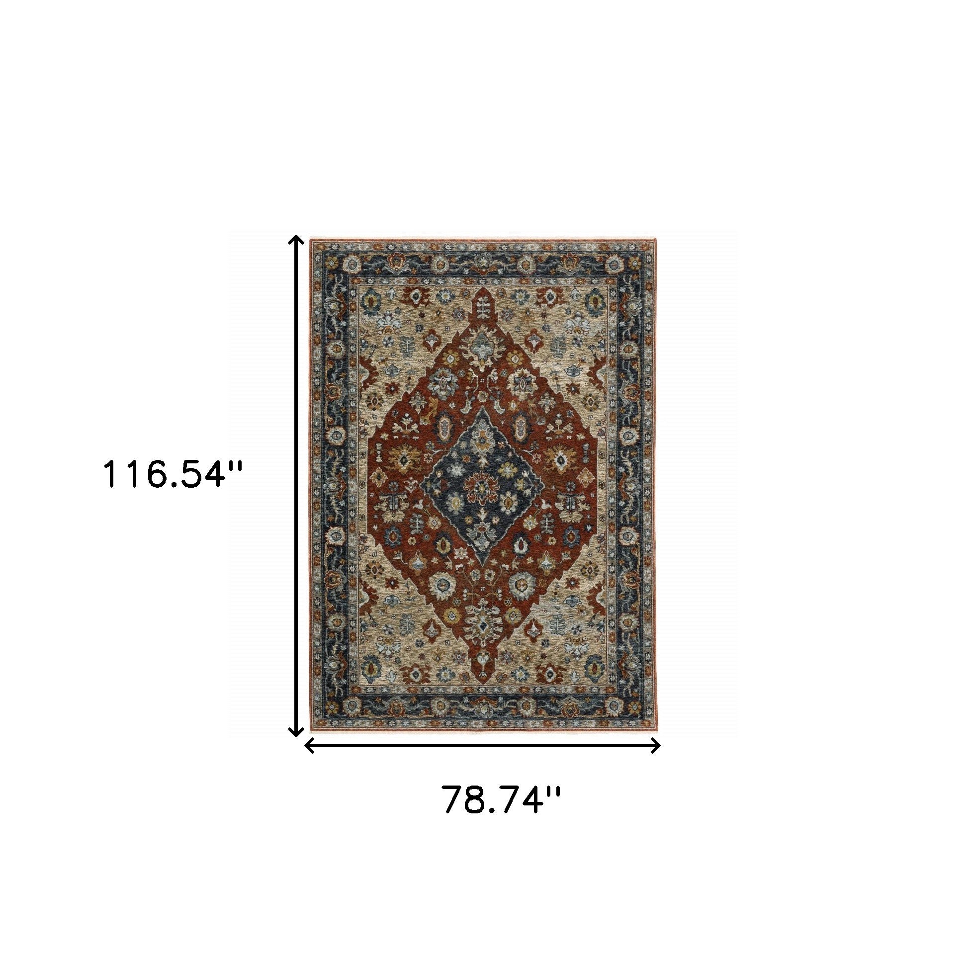 6' X 9' Blue Beige Tan Brown Gold And Rust Red Oriental Power Loom Stain Resistant Area Rug With Fringe