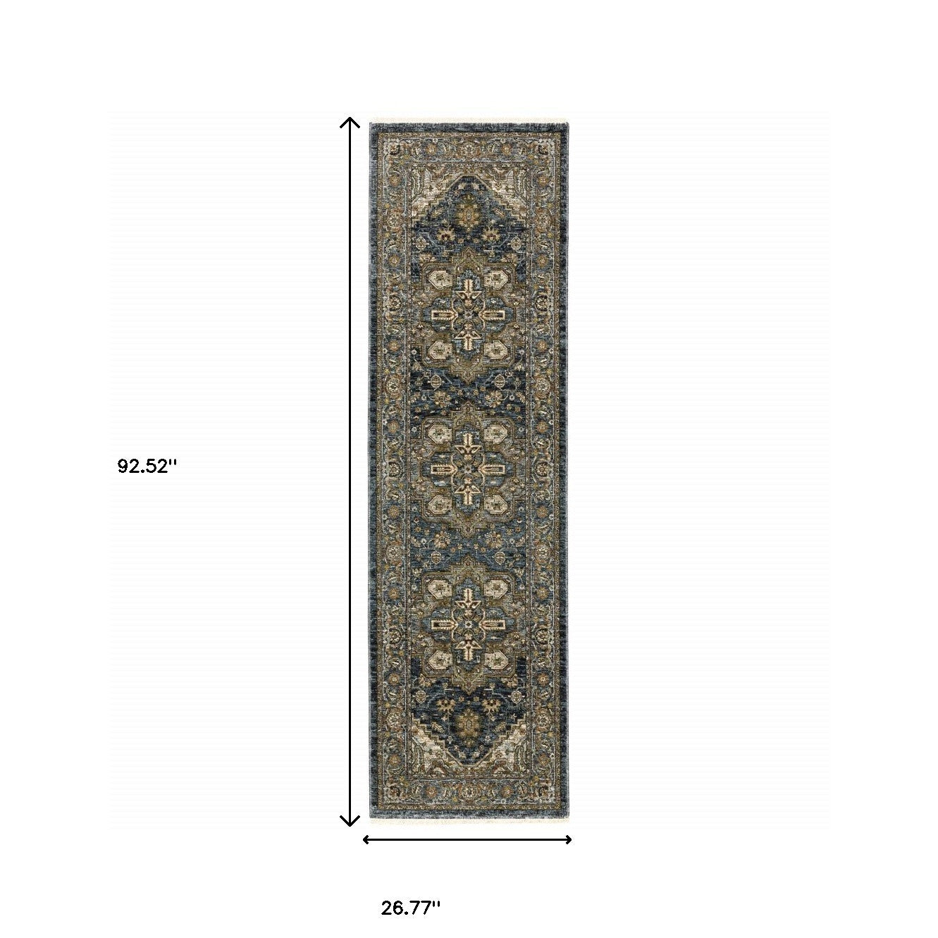 2' X 8' Blue Taupe Grey Green Rust Tan Beige And Gold Oriental Power Loom Stain Resistant Runner Rug With Fringe