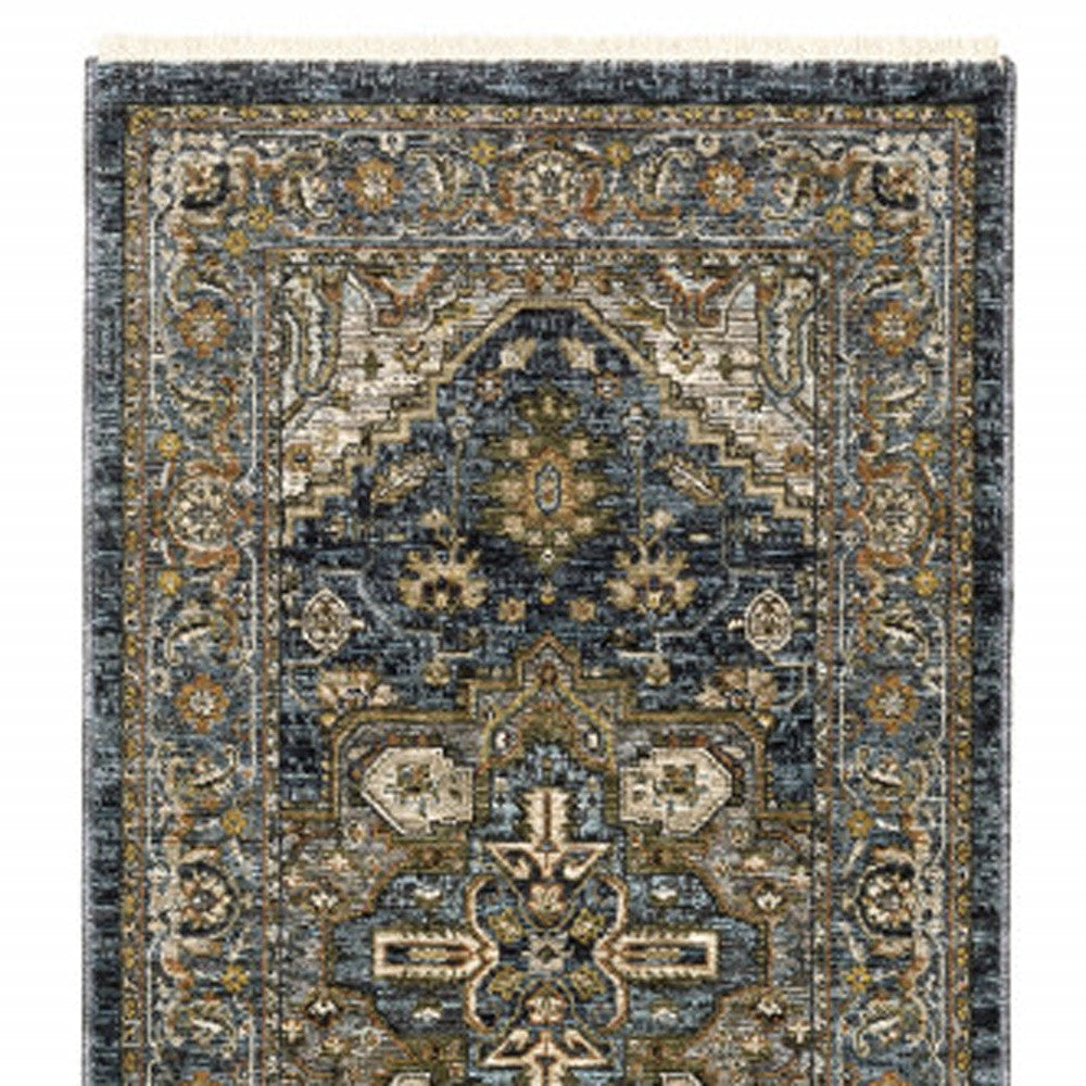 2' X 8' Blue Taupe Grey Green Rust Tan Beige And Gold Oriental Power Loom Stain Resistant Runner Rug With Fringe