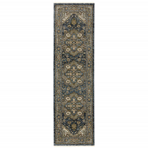 2' X 8' Blue Taupe Grey Green Rust Tan Beige And Gold Oriental Power Loom Stain Resistant Runner Rug With Fringe