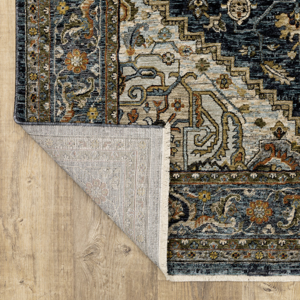 2' X 8' Blue Taupe Grey Green Rust Tan Beige And Gold Oriental Power Loom Stain Resistant Runner Rug With Fringe