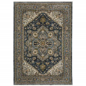 3' X 5' Blue Taupe Grey Green Rust Tan Beige And Gold Oriental Power Loom Stain Resistant Area Rug With Fringe