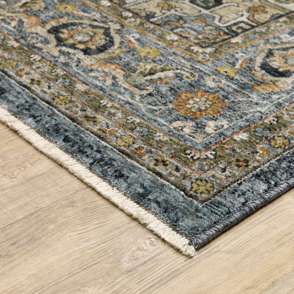 3' X 5' Blue Taupe Grey Green Rust Tan Beige And Gold Oriental Power Loom Stain Resistant Area Rug With Fringe