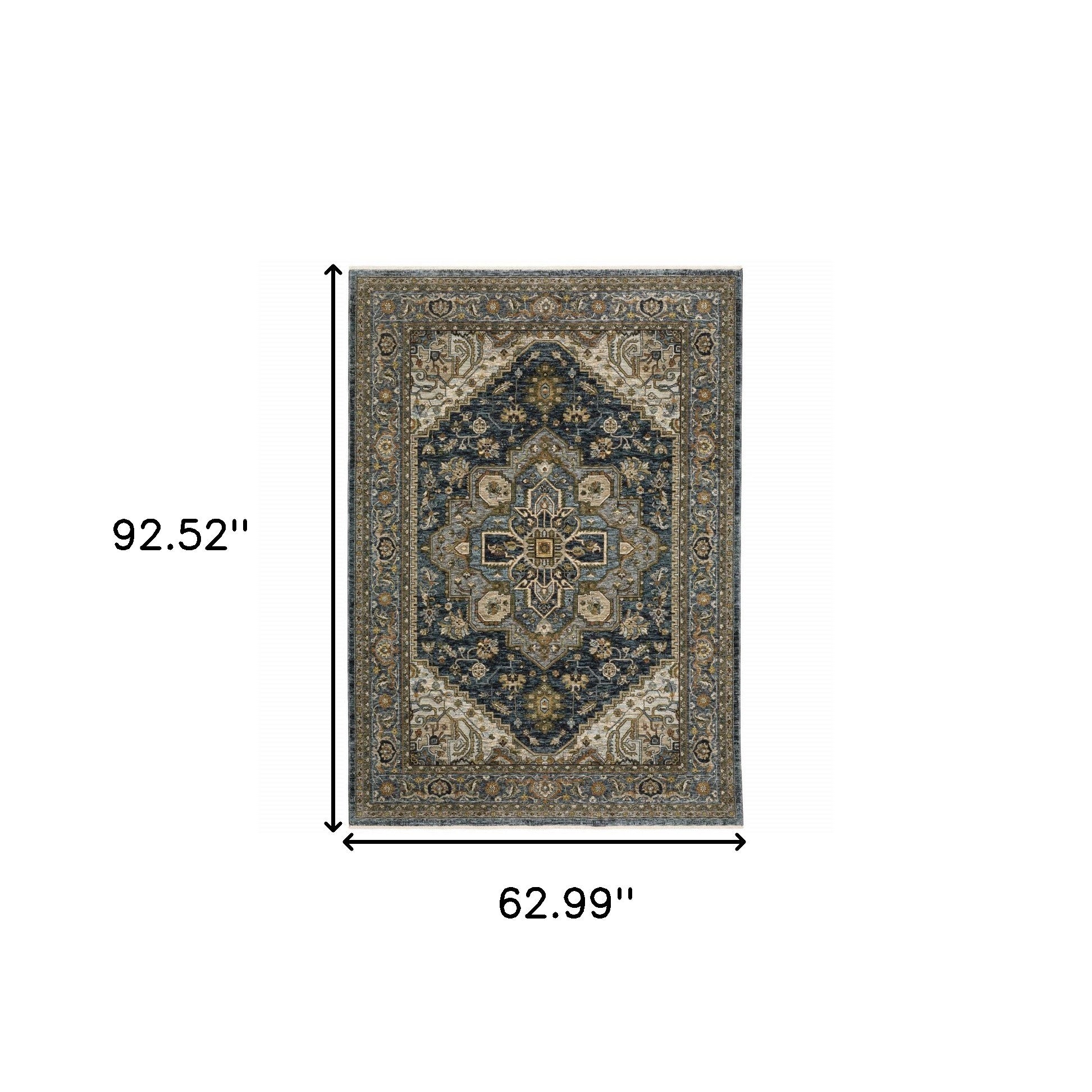 5' X 8' Blue Taupe Grey Green Rust Tan Beige And Gold Oriental Power Loom Stain Resistant Area Rug With Fringe