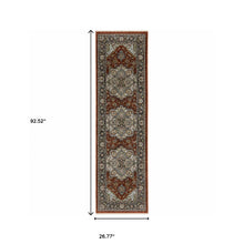 2' X 8' Blue Beige Grey Gold Green And Rust Red Oriental Power Loom Stain Resistant Runner Rug With Fringe