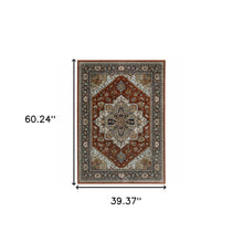 3' X 5' Blue Beige Grey Gold Green And Rust Red Oriental Power Loom Stain Resistant Area Rug With Fringe
