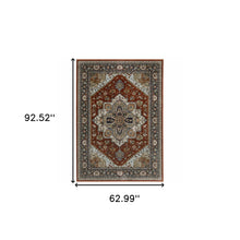 5' X 8' Blue Beige Grey Gold Green And Rust Red Oriental Power Loom Stain Resistant Area Rug With Fringe