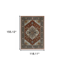 10' X 13' Blue Beige Grey Gold Green And Rust Red Oriental Power Loom Stain Resistant Area Rug With Fringe