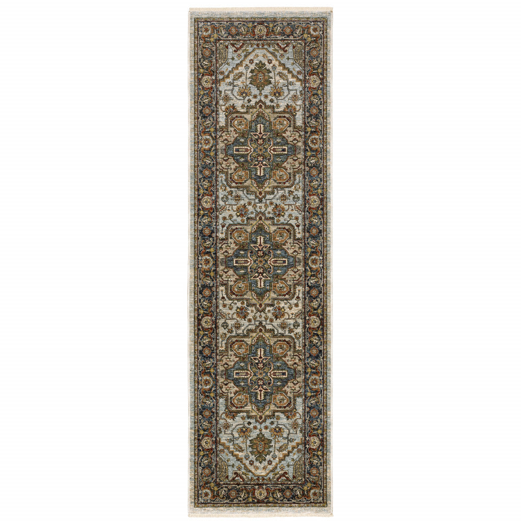 2' X 8' Ivory Beige Blue Orange Gold Green Grey And Rust Oriental Power Loom Stain Resistant Runner Rug With Fringe