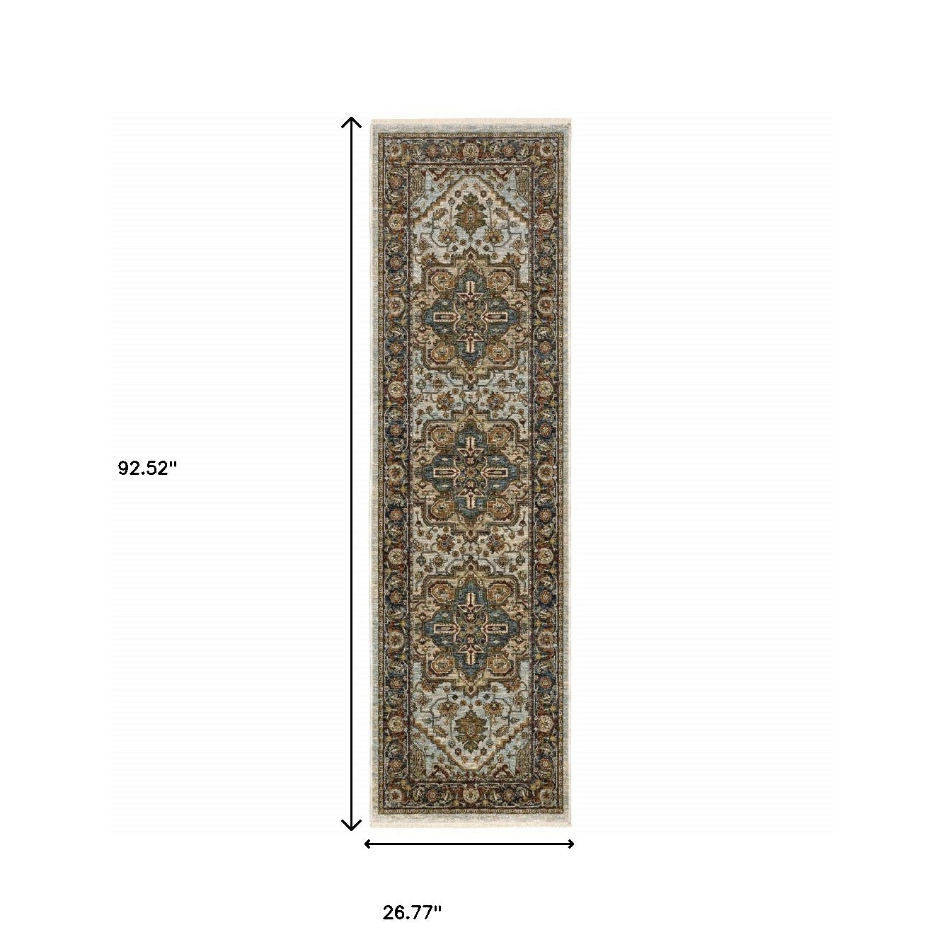 2' X 8' Ivory Beige Blue Orange Gold Green Grey And Rust Oriental Power Loom Stain Resistant Runner Rug With Fringe