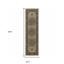 2' X 8' Ivory Beige Blue Orange Gold Green Grey And Rust Oriental Power Loom Stain Resistant Runner Rug With Fringe
