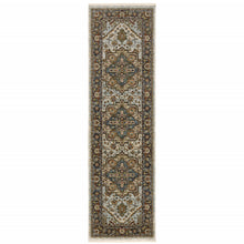 2' X 8' Ivory Beige Blue Orange Gold Green Grey And Rust Oriental Power Loom Stain Resistant Runner Rug With Fringe