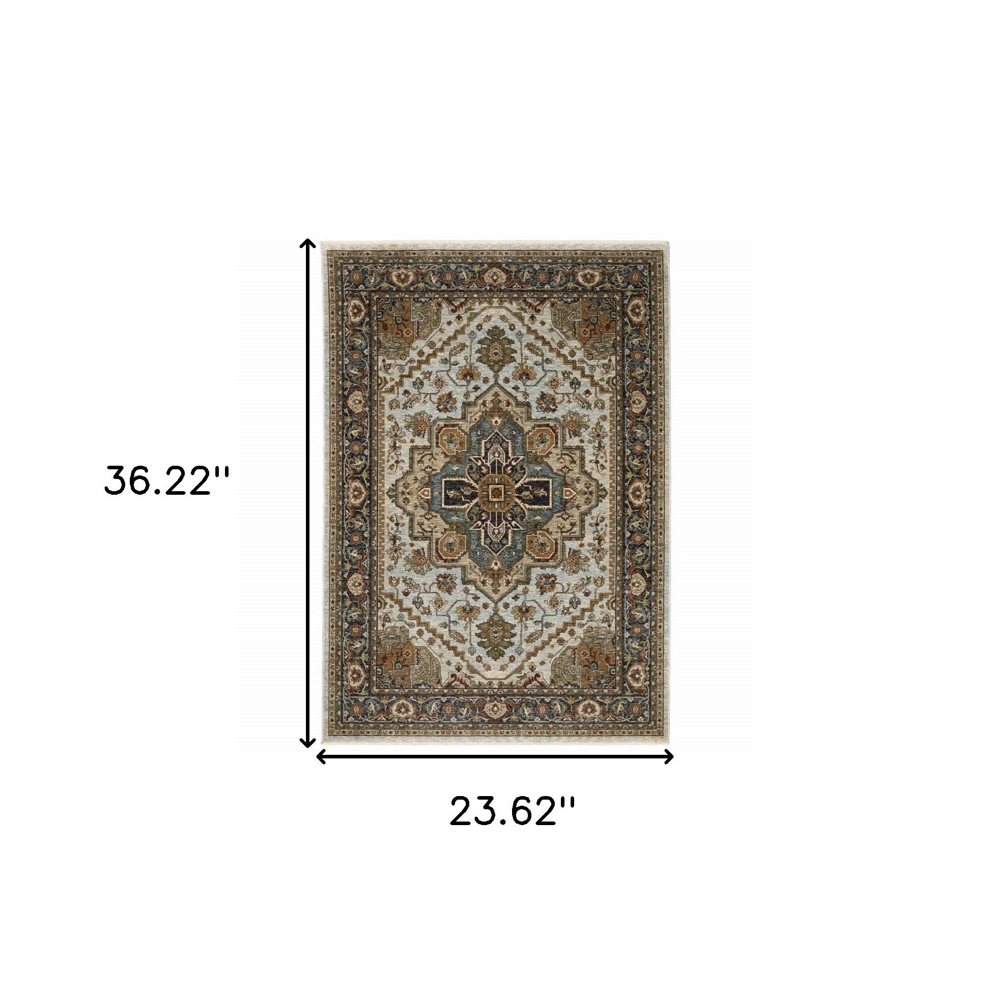 2' X 3' Ivory Beige Blue Orange Gold Green Grey And Rust Oriental Power Loom Stain Resistant Area Rug With Fringe