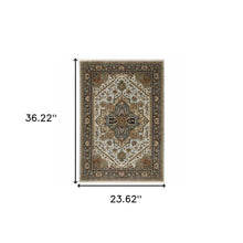 2' X 3' Ivory Beige Blue Orange Gold Green Grey And Rust Oriental Power Loom Stain Resistant Area Rug With Fringe