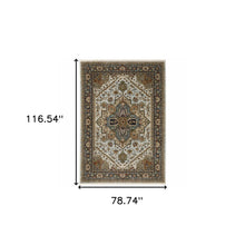 6' X 9' Ivory Beige Blue Orange Gold Green Grey And Rust Oriental Power Loom Stain Resistant Area Rug With Fringe